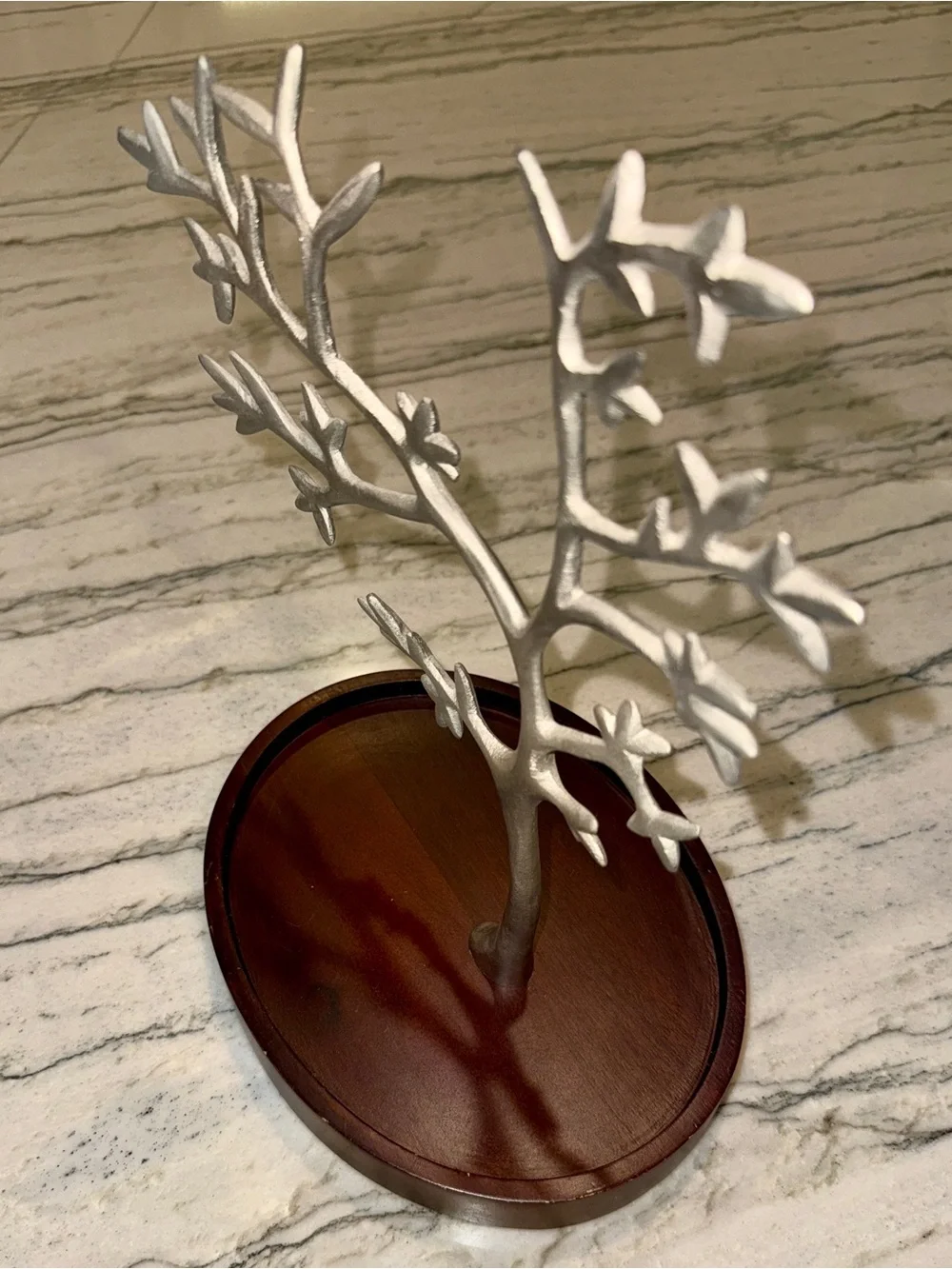 Silver Metal Tree Jewelry Stand on Wooden Tray